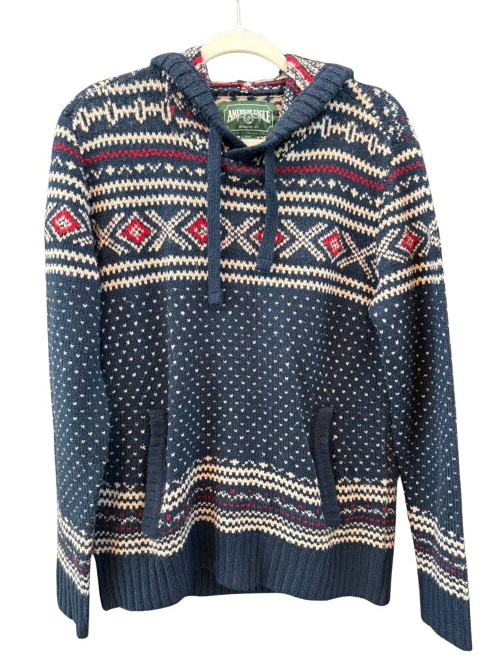 American Eagle Women's Fair Isle Hooded Sweater Navy Medium